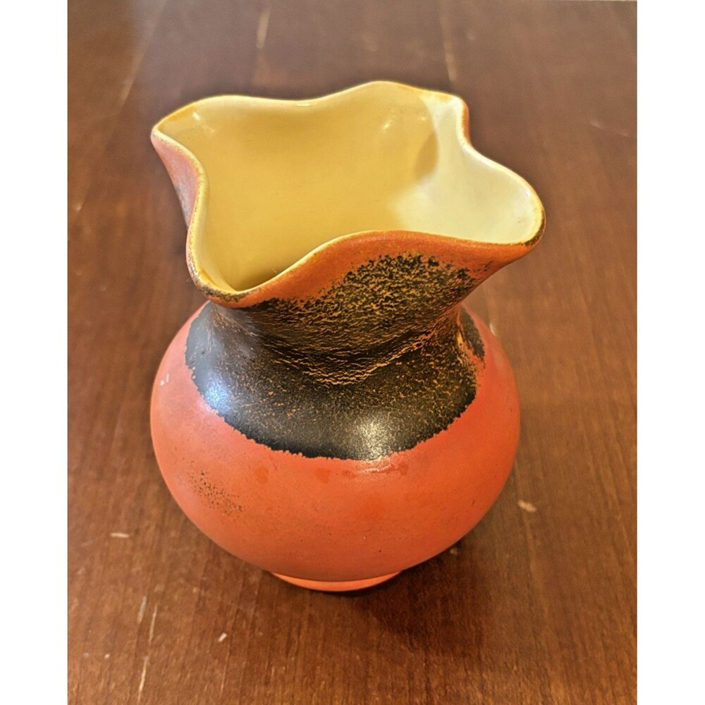 Vintage 6” RumRill Orange & Brown Bulbous Vase W/ Pinched Top Rim #291
